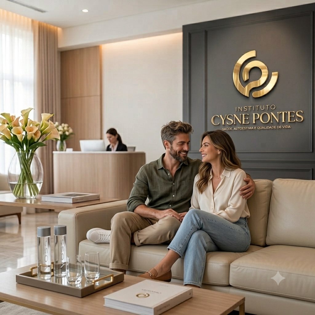 Recepção do Instituto Cysne Pontes, casal acolhido no ambiente da clínica
